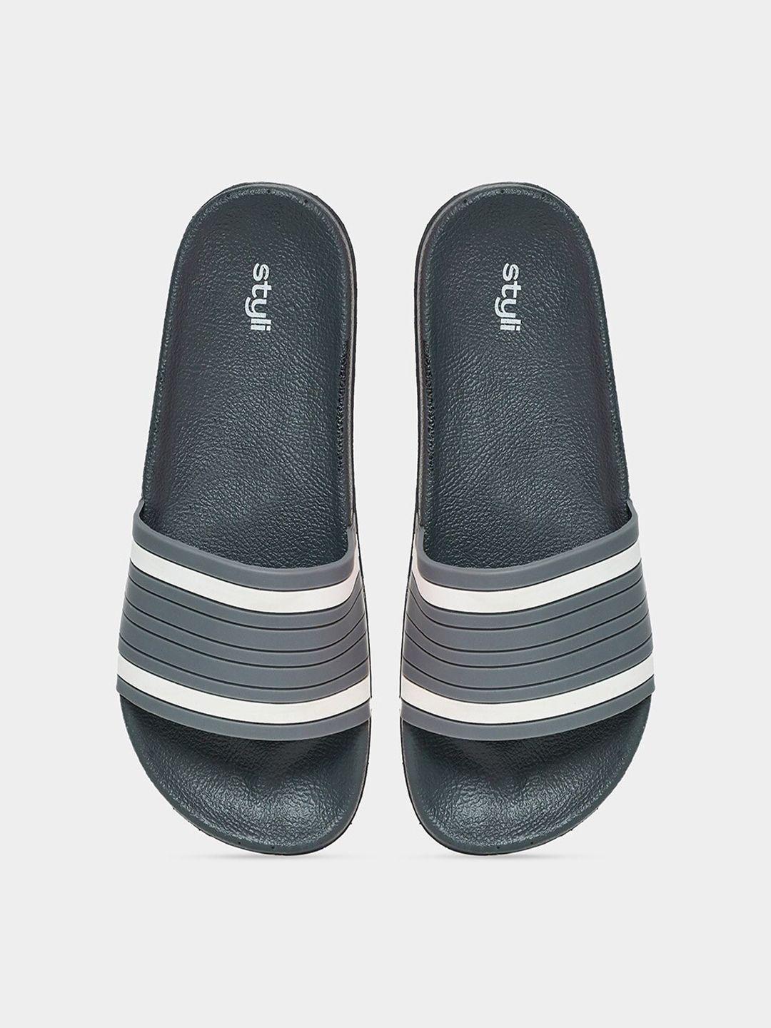 styli men grey & white striped rubber sliders