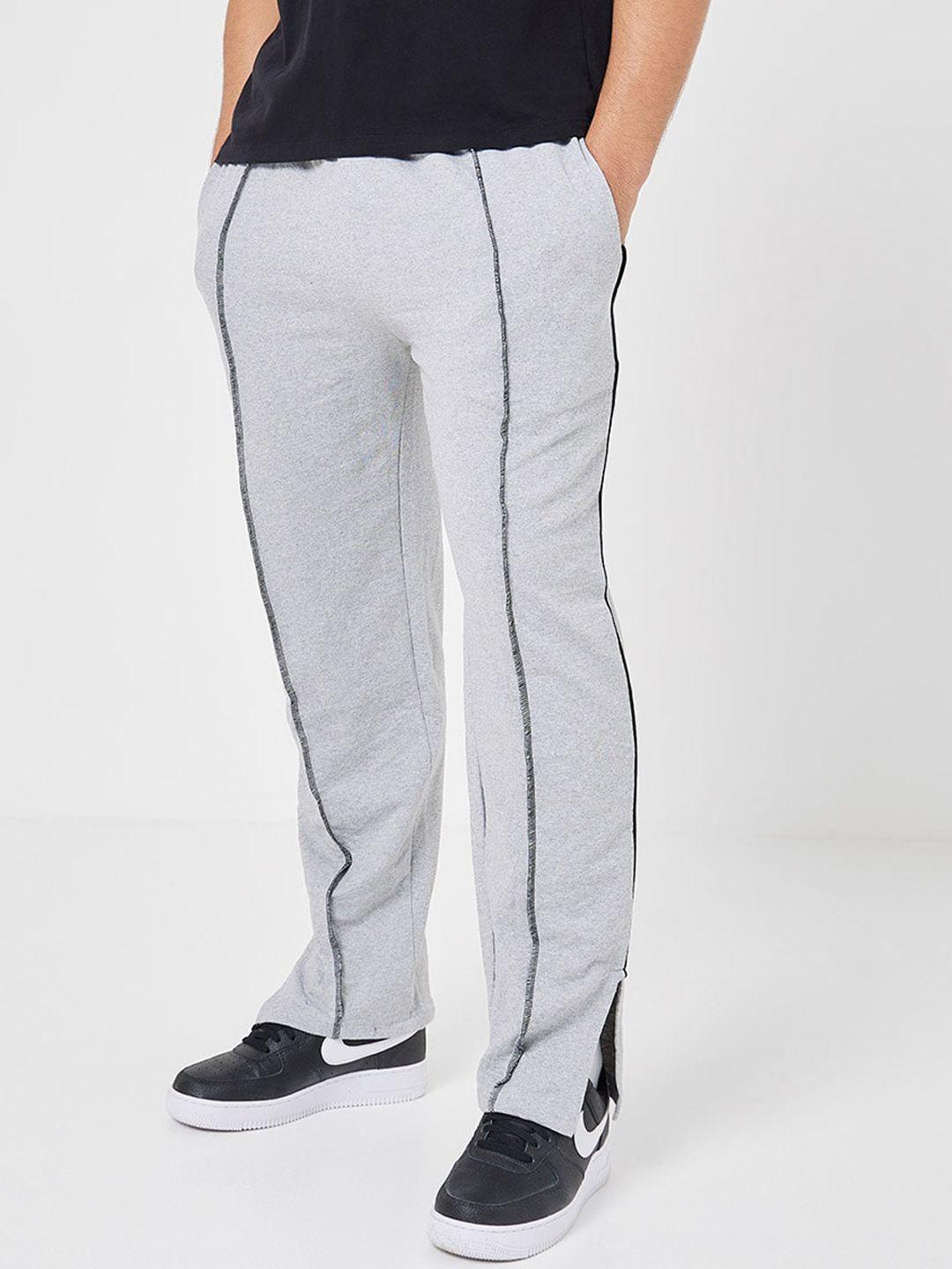 styli men grey relaxed fit pintuck & front slit pure cotton track pant