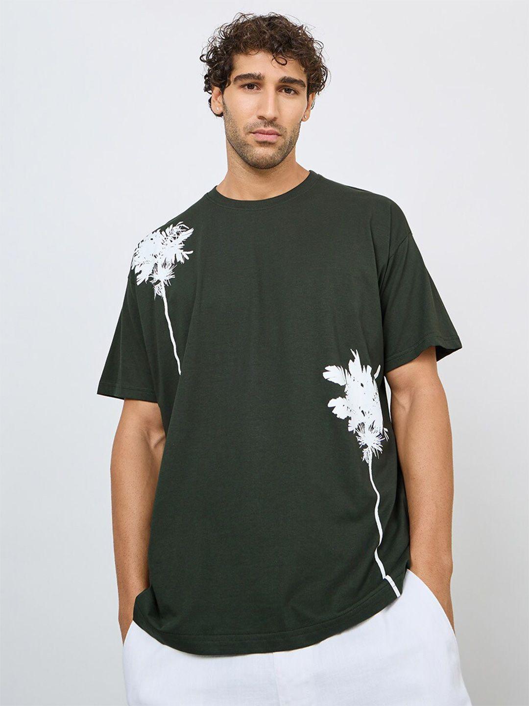 styli men olive green printed high neck pockets t-shirt
