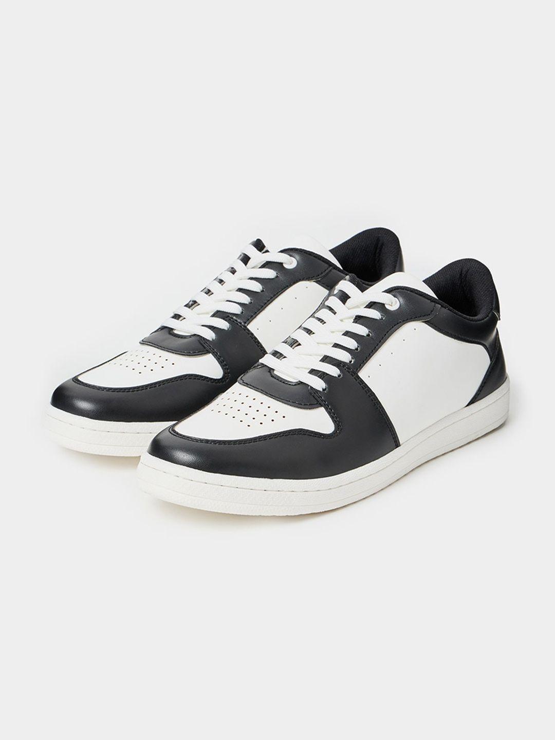 styli men white & black colourblocked panel detail perforated low top sneakers