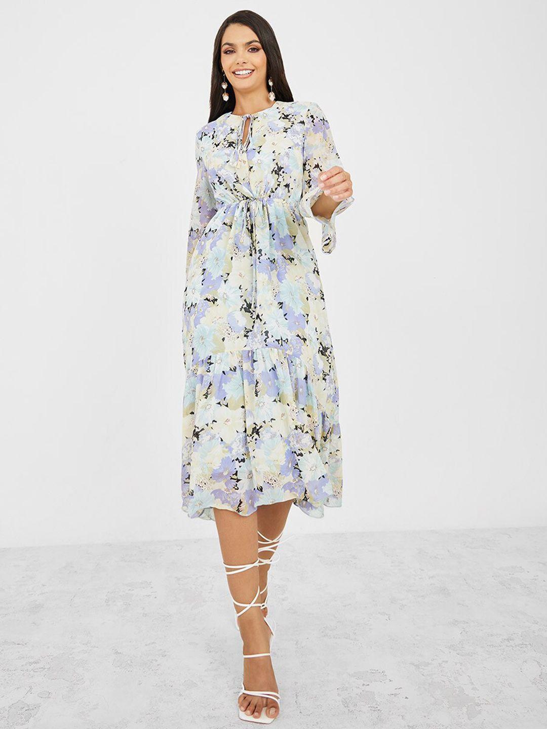 styli multicoloured floral print tie-up neck fit & flare dress