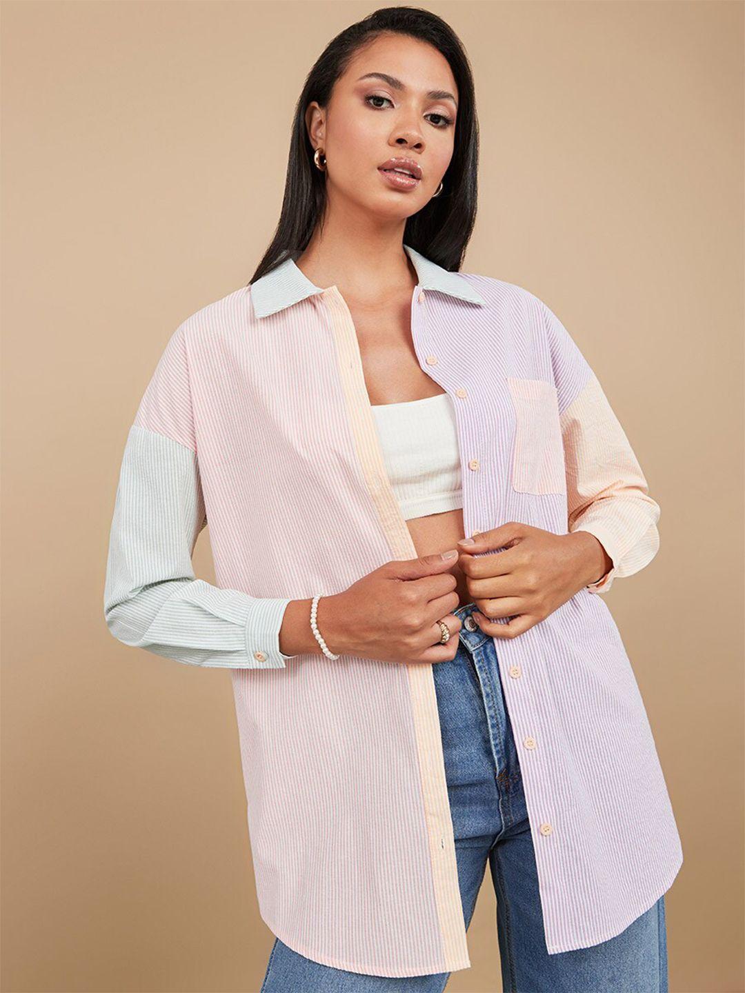 styli multicoloured pinstripe colorblock oversized longline shirt