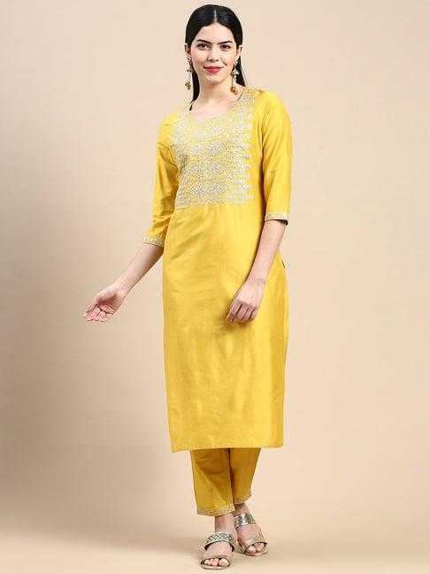 styli mustard embroidered kurta pant set