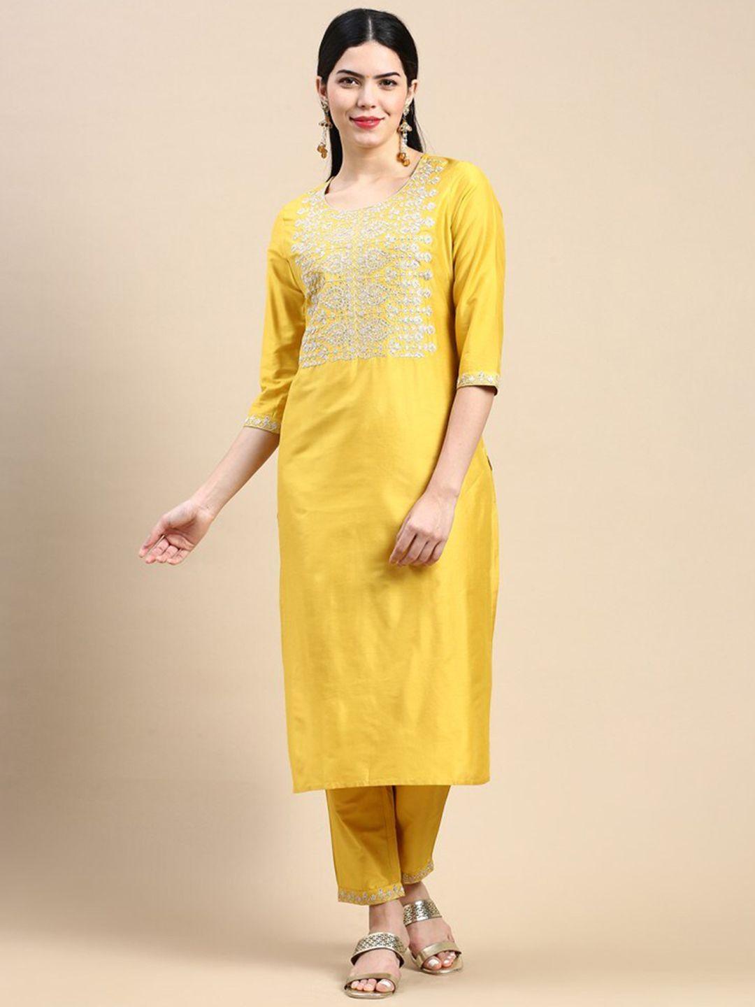 styli mustard yellow ethnic motifs yoke design sequined zari kurta with trousers