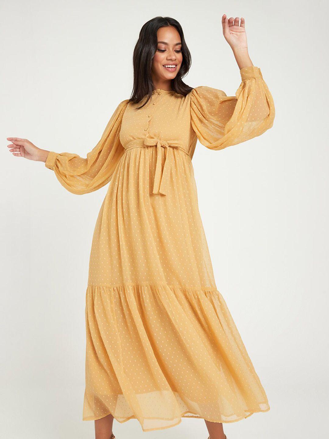 styli mustard yellow long sleeves dobby spot print tiered maxi dress