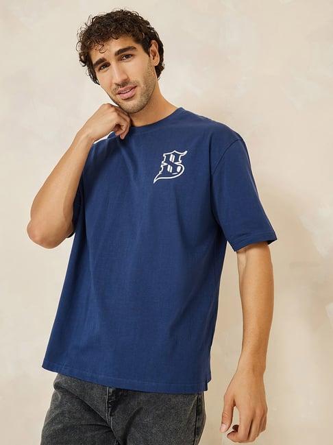 styli navy blue cotton relaxed fit printed t-shirt