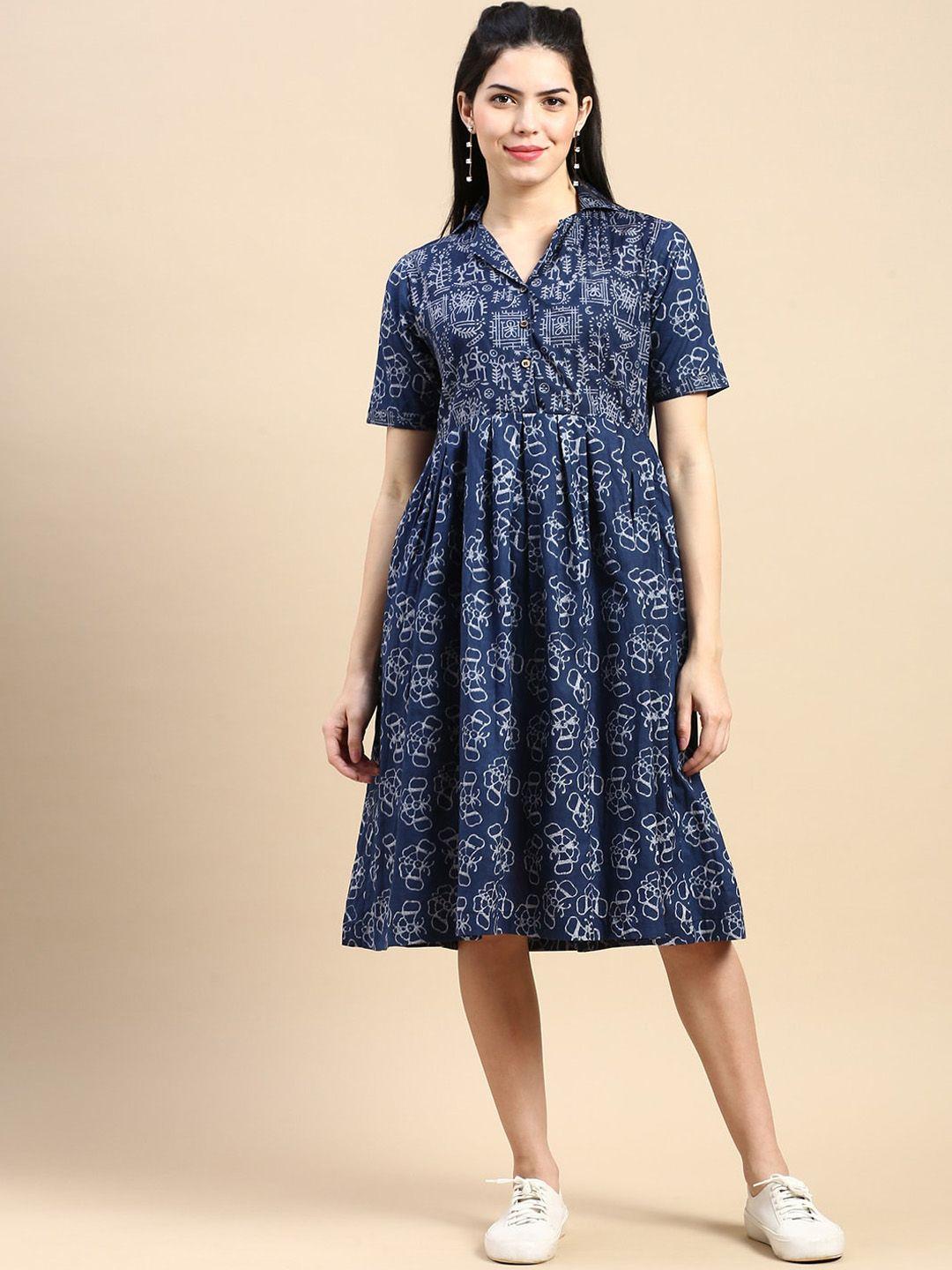 styli navy blue ethnic motifs printed shirt collar cotton midi fit & flare ethnic dress