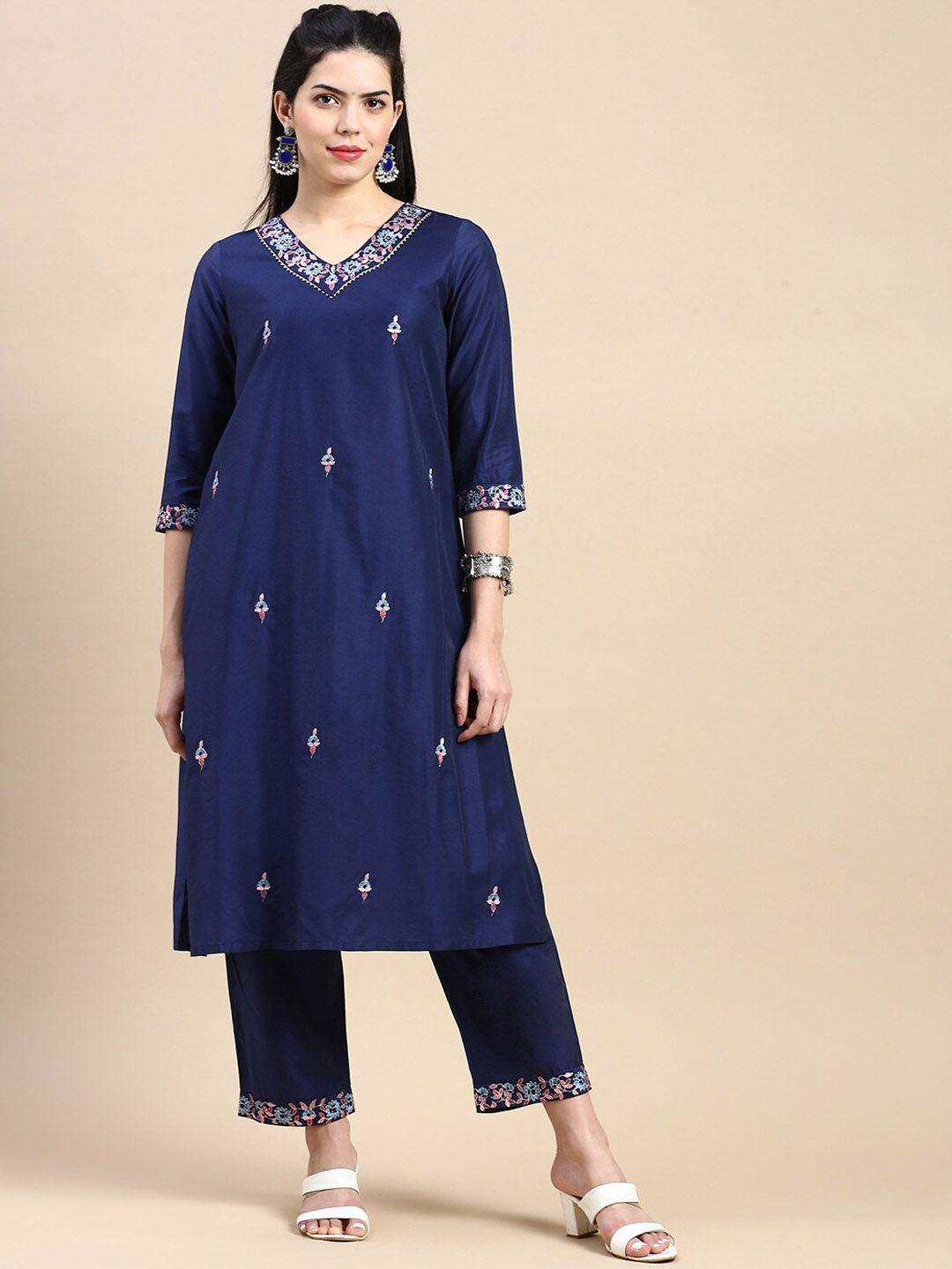 styli navy blue floral embroidered v-neck kurta with trousers & dupatta