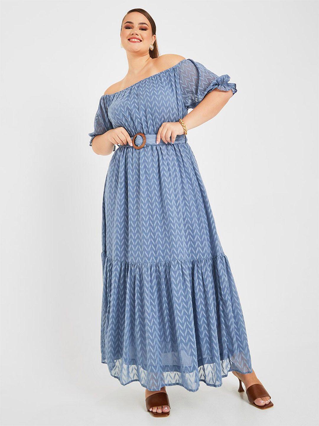 styli navy blue plus size self design off-shoulder belted tiered fit & flare maxi dress