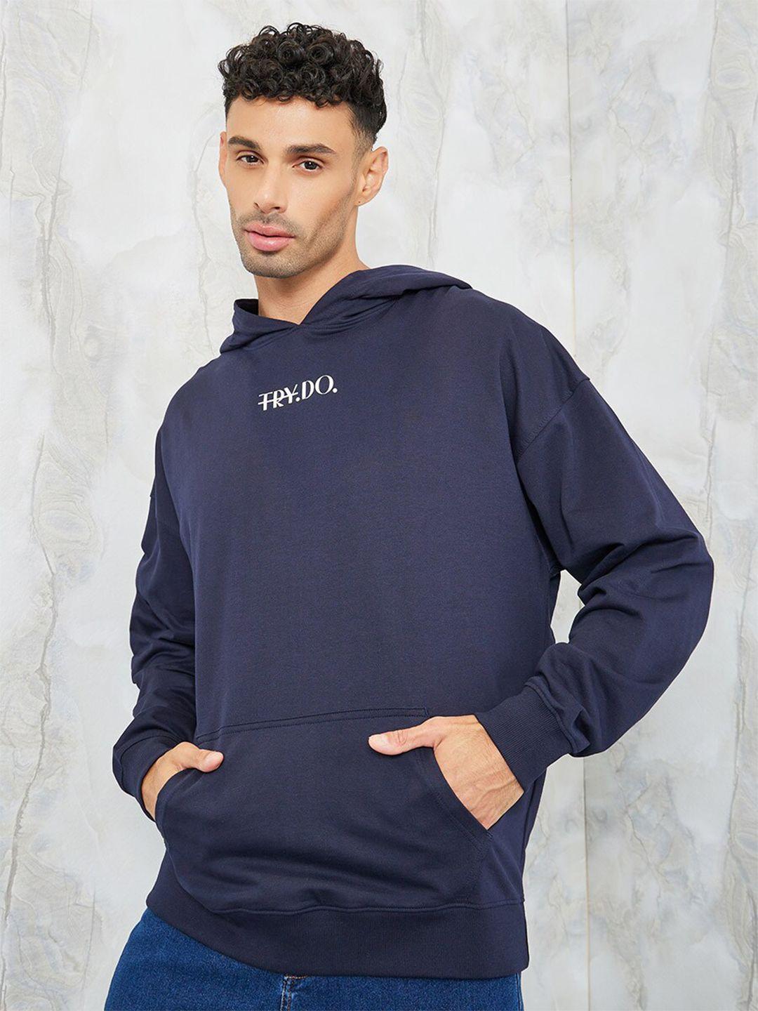 styli navy blue typography printed hooded terry cotton oversized pullover sweatshirt