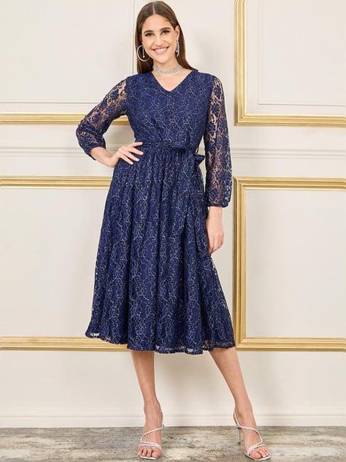 styli navy self pattern a-line dress