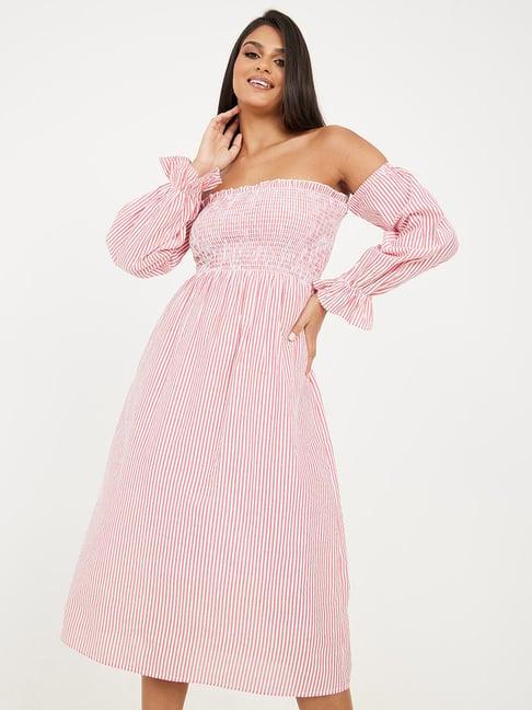 styli off shoulder striped smocked detail midi dress