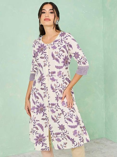 styli off-white & purple cotton printed straight kurta