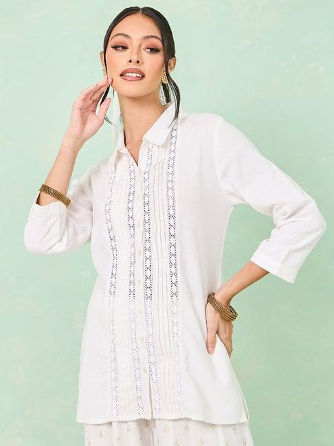styli off-white cotton self pattern tunic