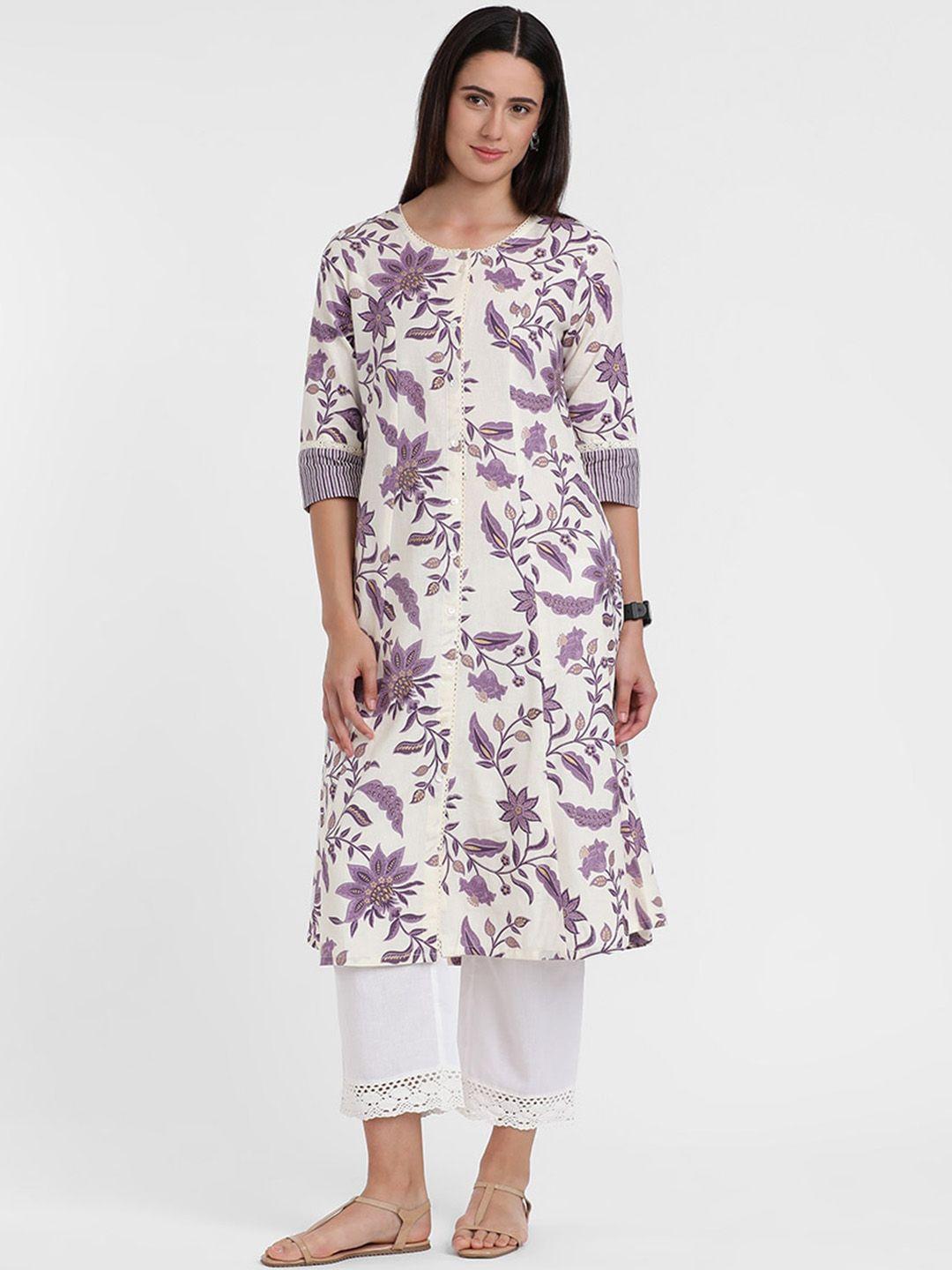 styli off white floral printed lace detail a-line cotton kurta