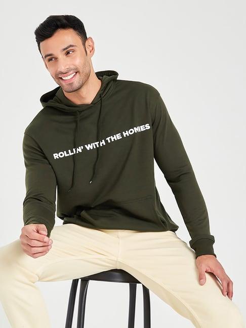 styli olive boxy fit typographic print hooded sweatshirt