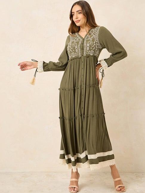 styli olive green embroidered maxi dress