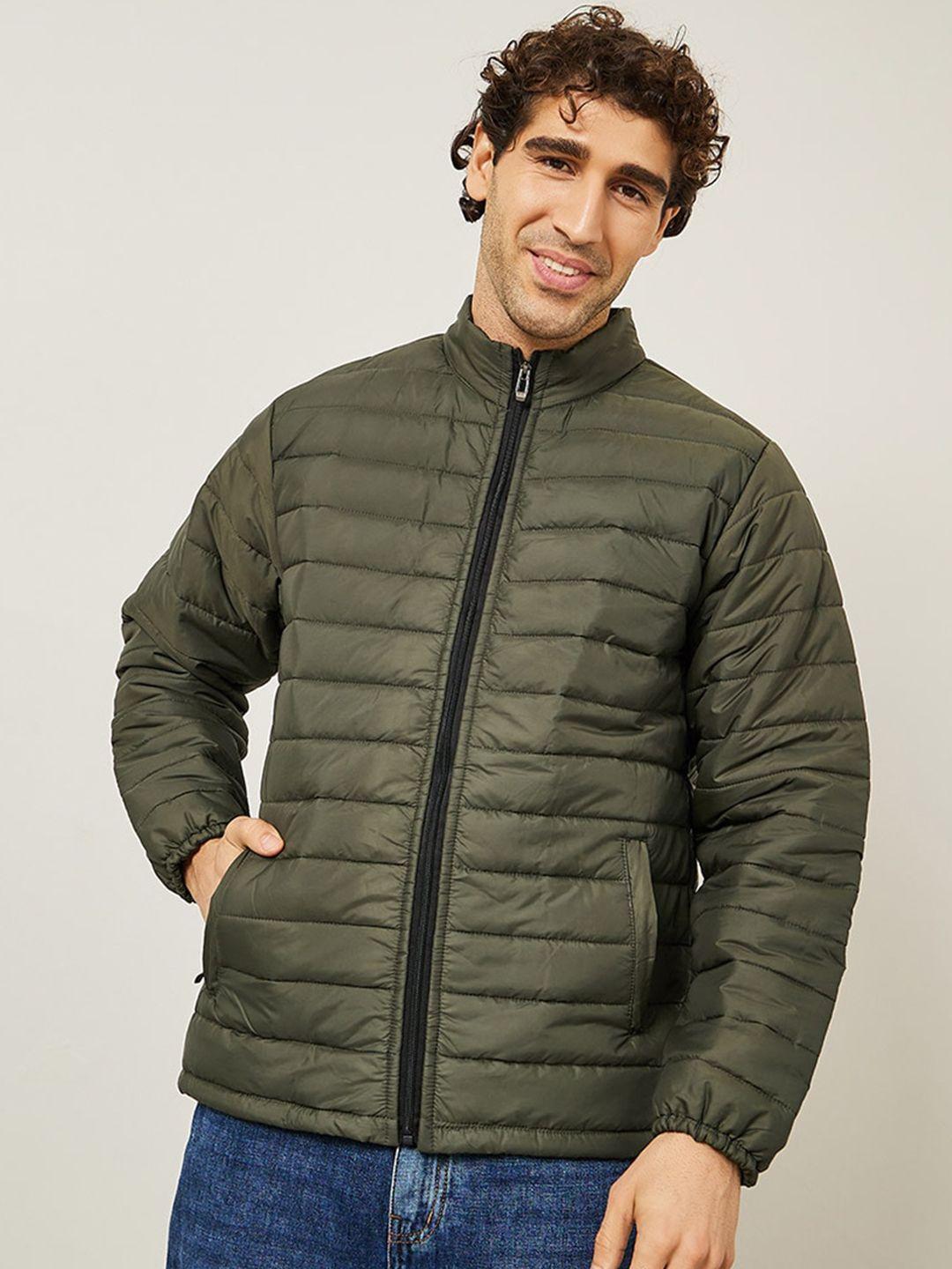styli olive green relaxed fit mock collar puffer jacket