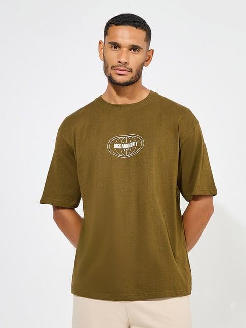 styli olive relaxed fit graphic print oversized crew t-shirt