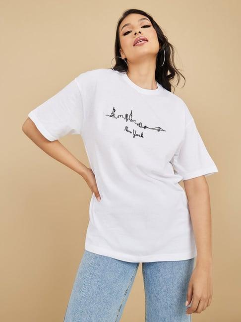 styli oversized cotton embroidered new york longline t-shirt