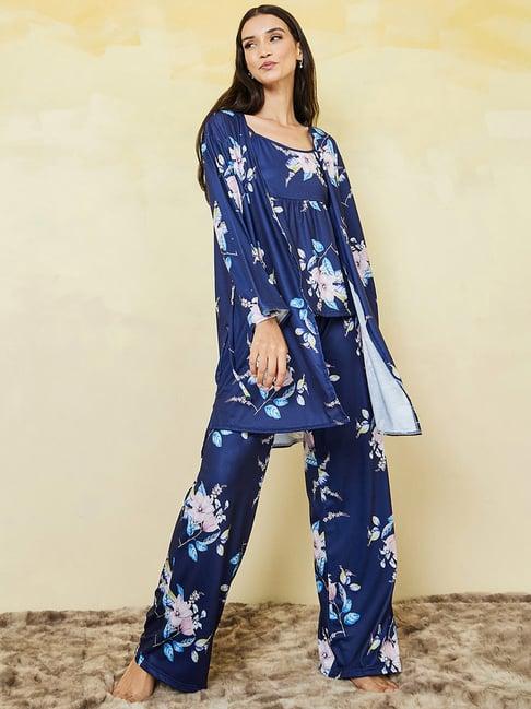 styli pack of 3 - floral print cami, trouser and robe set