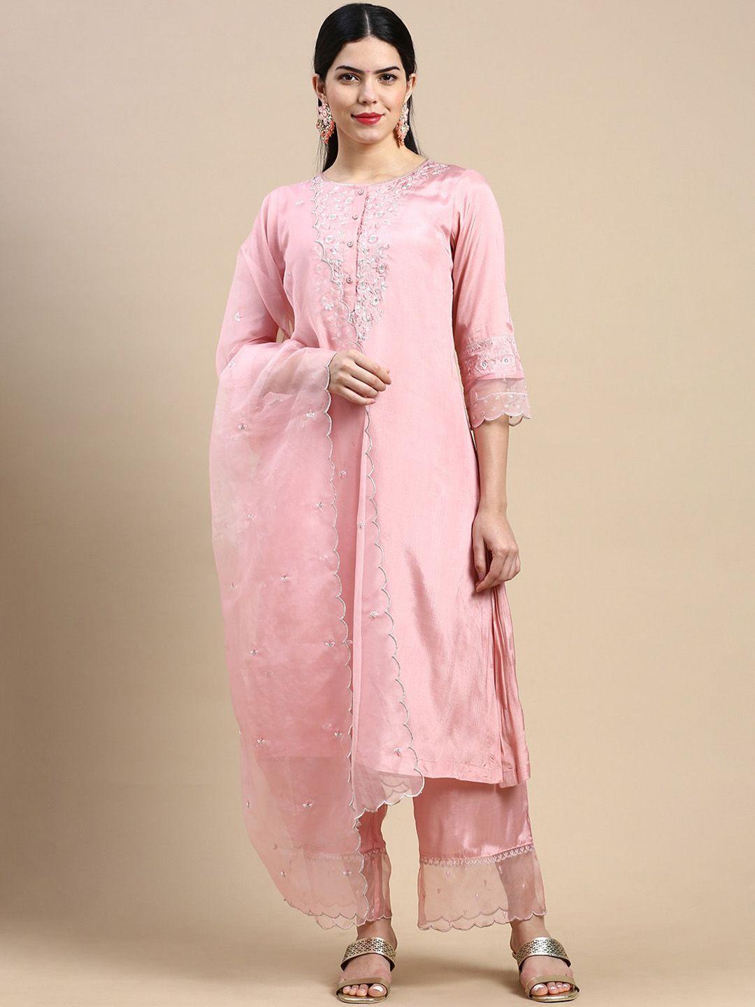styli peach-coloured floral embroidered sequined kurta with trousers & dupatta