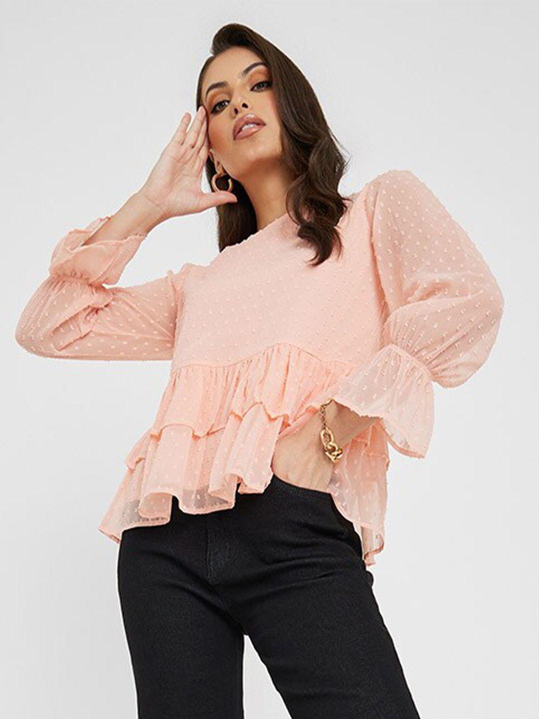 styli peach-coloured self design bell sleeves ruffled peplum top