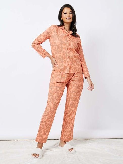 styli peach cotton printed shirt pyjama set