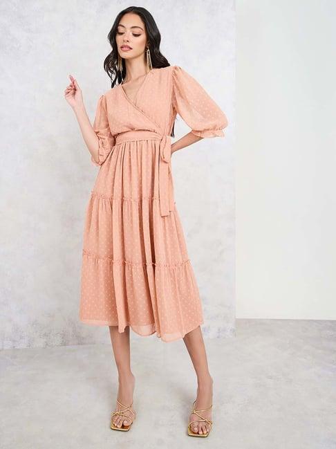 styli peach self pattern a-line dress