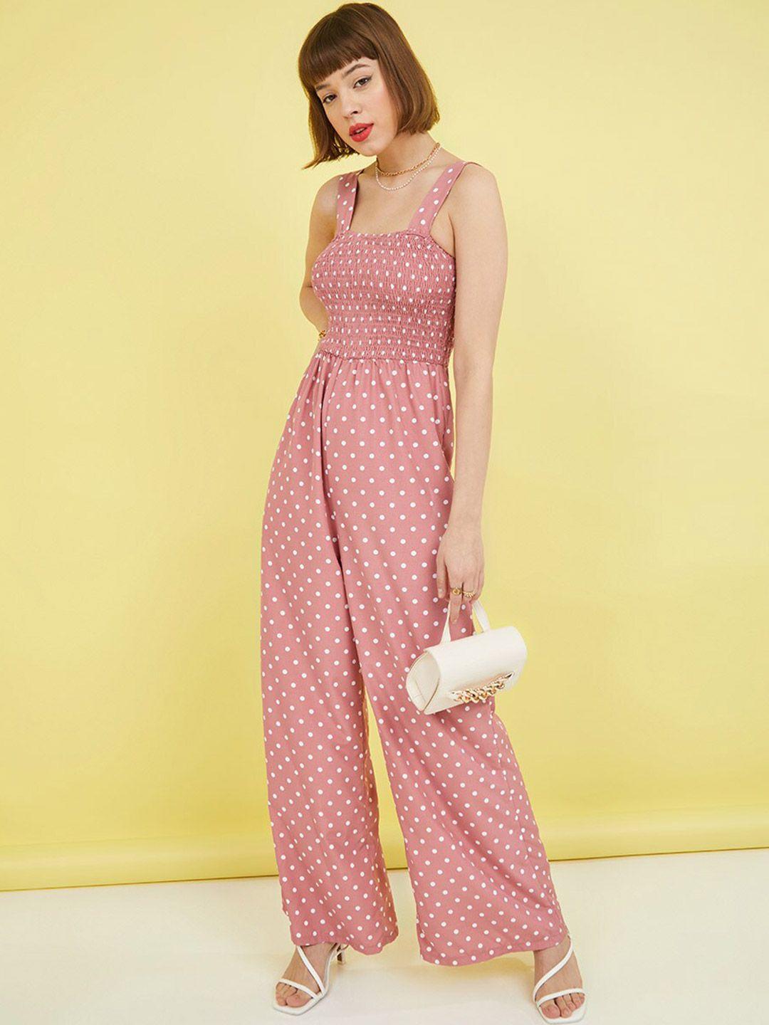 styli pink & white square neck polka dot print wide leg jumpsuit