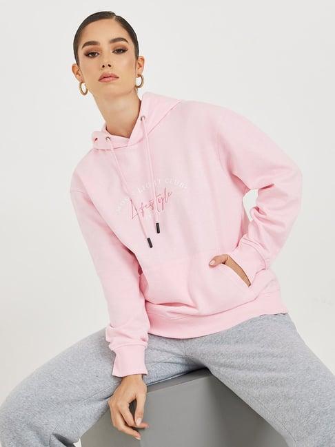 styli pink cotton graphic print hoodie