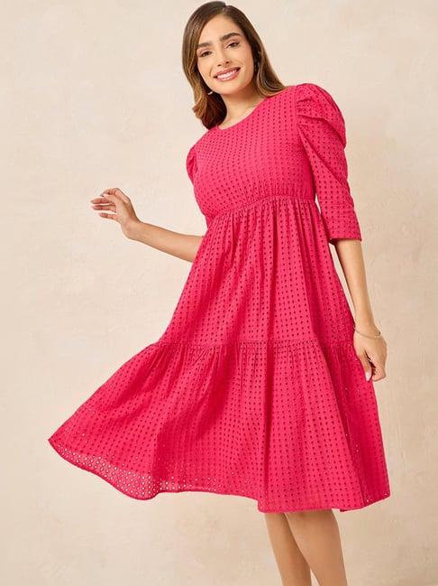 styli pink cotton self pattern a-line dress