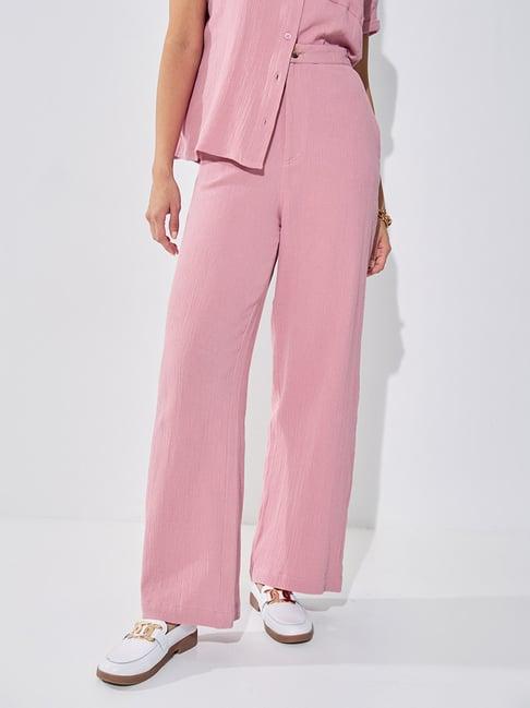 styli pink cotton straight fit mid rise trousers