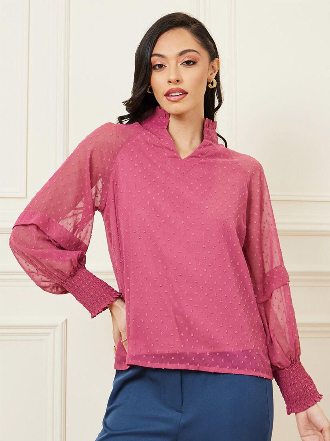 styli pink dobby textured smocked high neck puff sleeves top