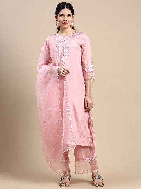 styli pink embroidered kurta pant set with dupatta