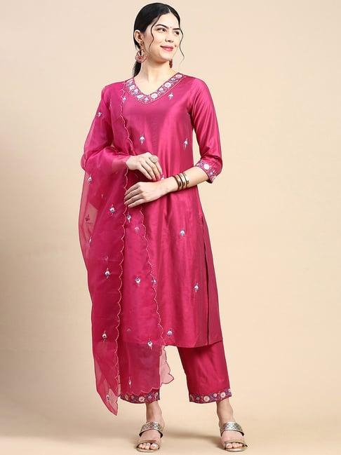 styli pink embroidered kurta pant set with dupatta