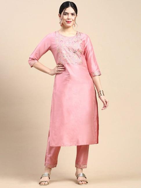 styli pink embroidered kurta pant set