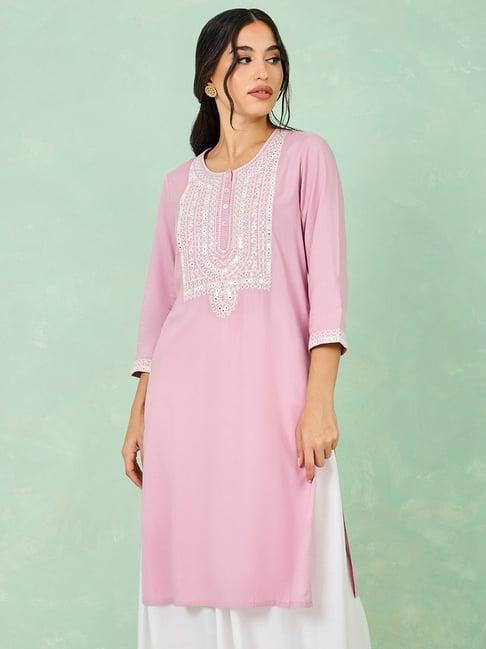 styli pink embroidered straight kurta