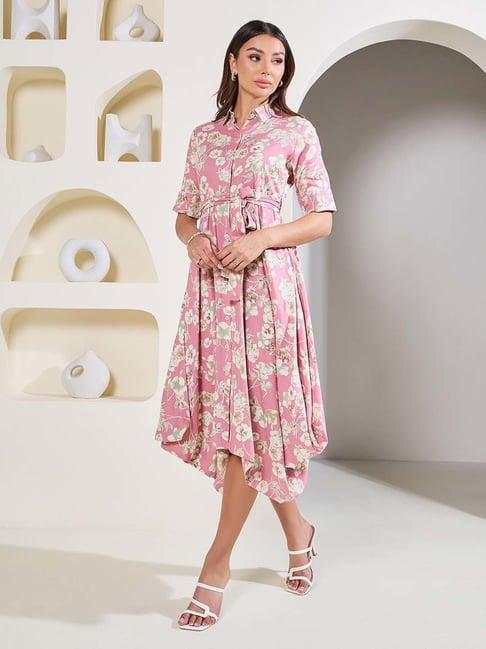 styli pink floral print shirt dress
