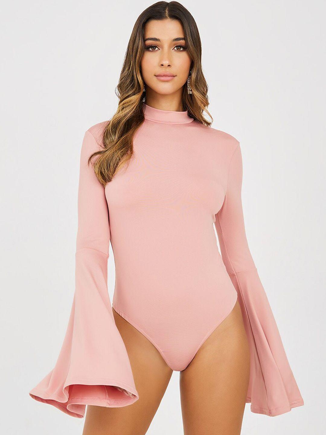 styli pink high neck bell sleeves fitted bodysuit