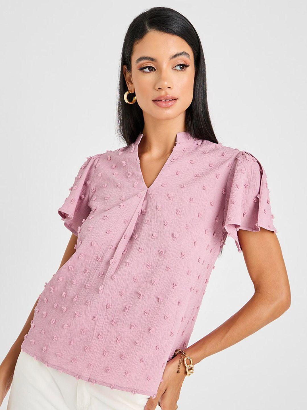 styli pink print mandarin collar puff sleeve shirt style top