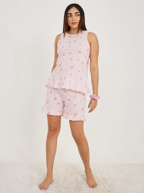 styli pink printed vest shorts set