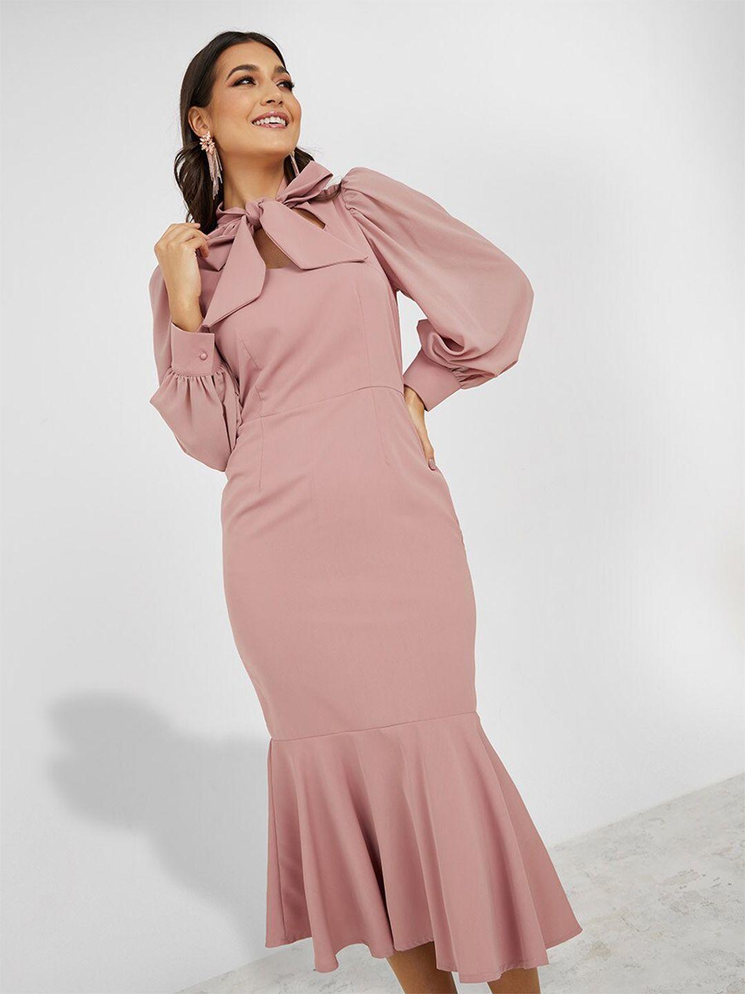 styli pink puff sleeve sheath midi dress