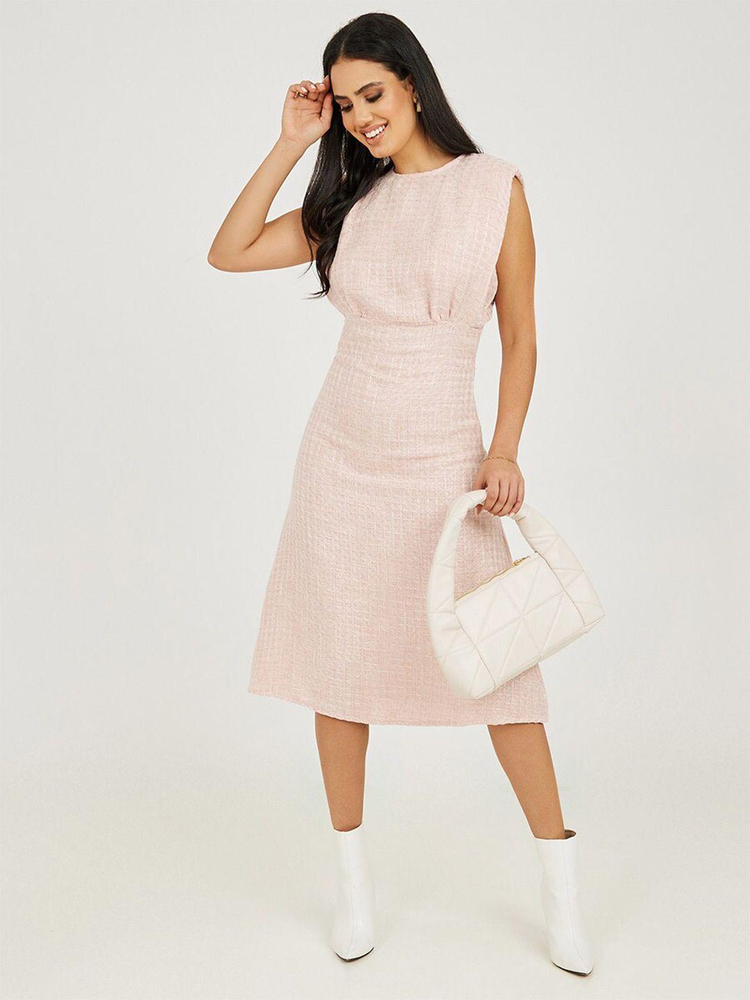 styli pink self design gathered boat neck sleeveless a-line midi dress