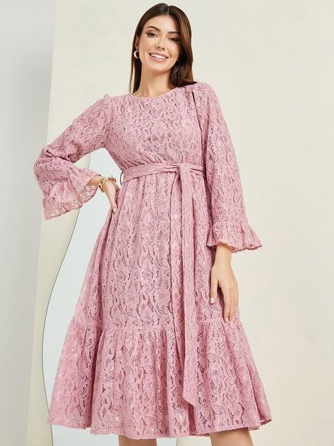 styli pink self pattern a-line dress