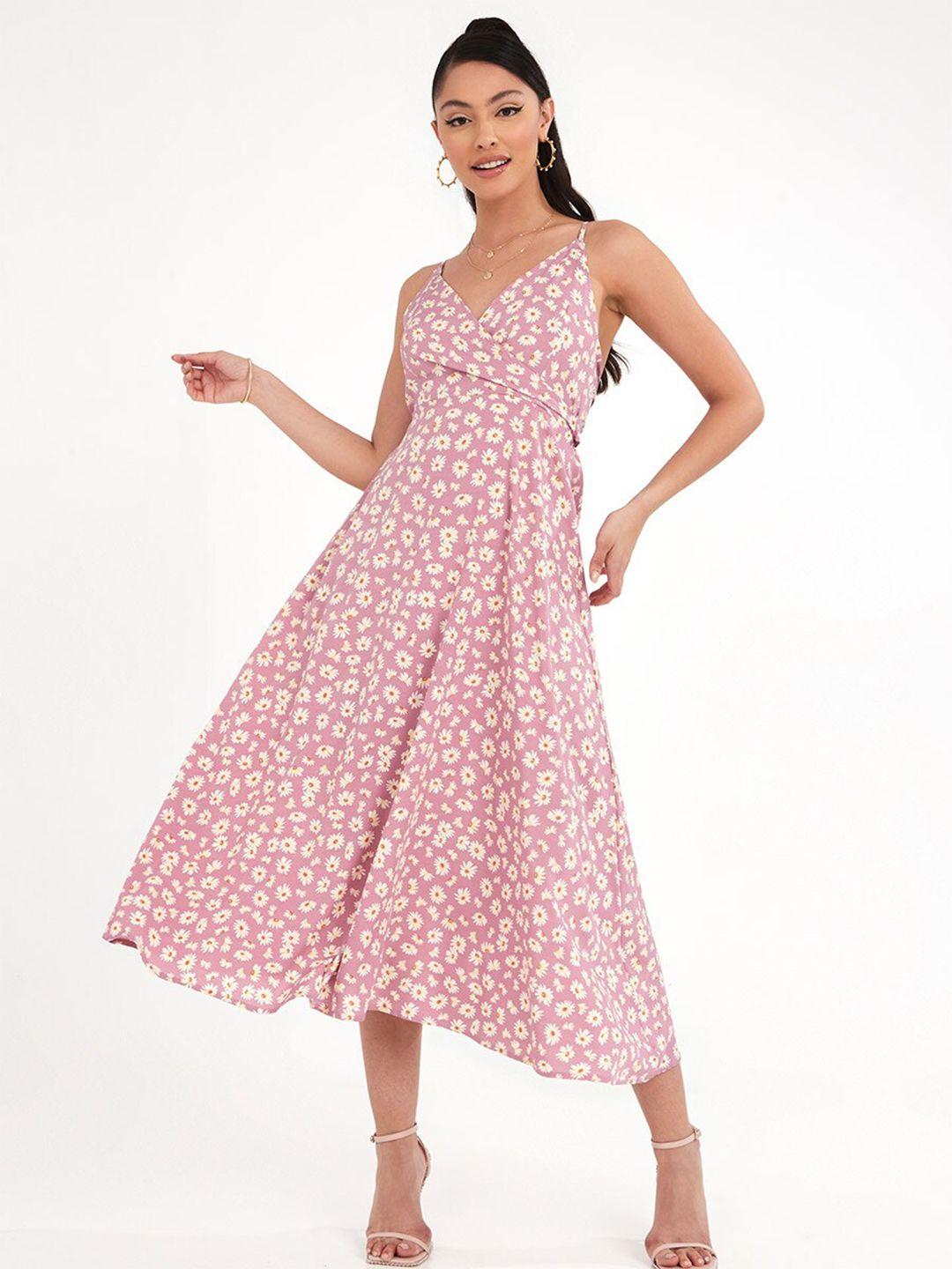 styli pink strappy daisy print a-line maxi dress with bow tie back detail