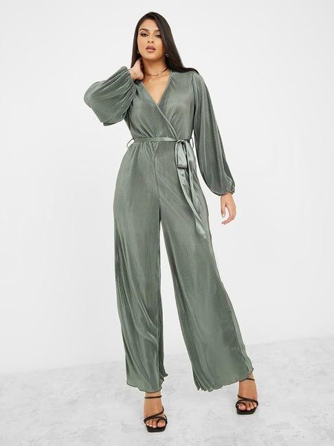 styli plisse wide leg jumpsuit with tie belt