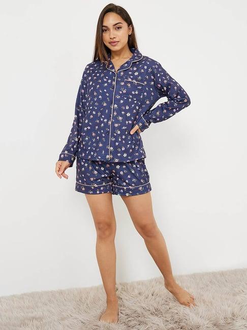 styli plus floral piped detail pocket shirt & short set