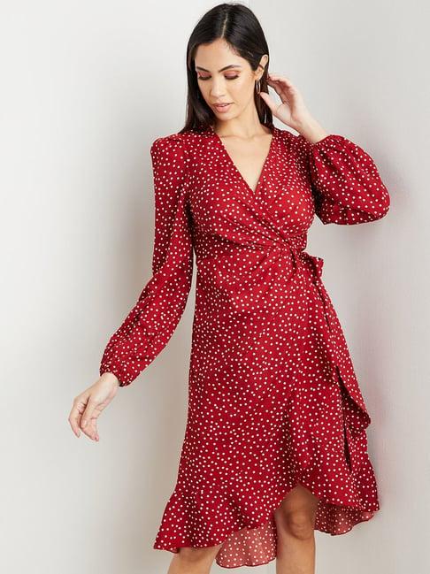 styli polka dot print wrap midi dress with tie waist