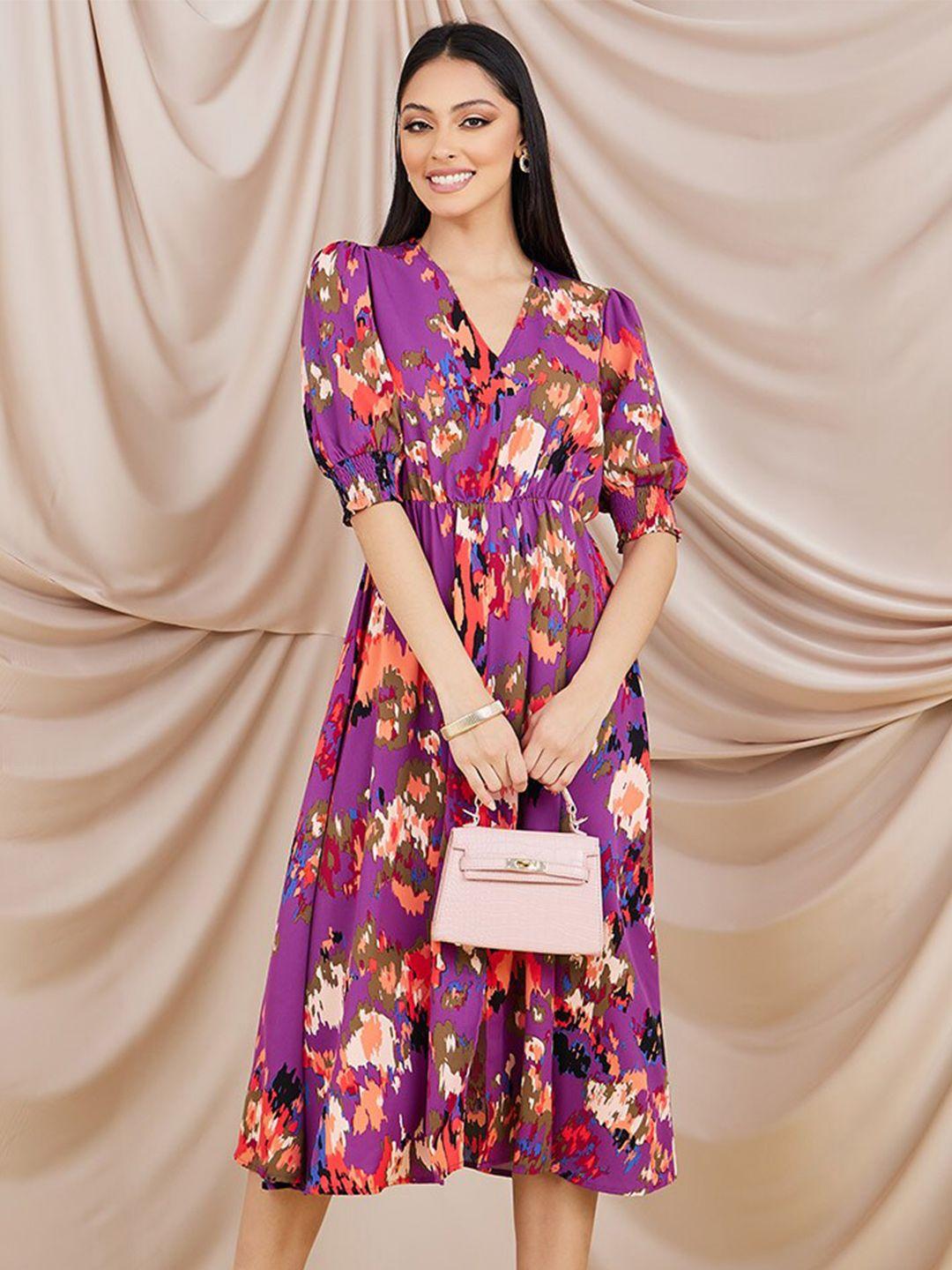 styli purple printed v-neck puff sleeves midi dress